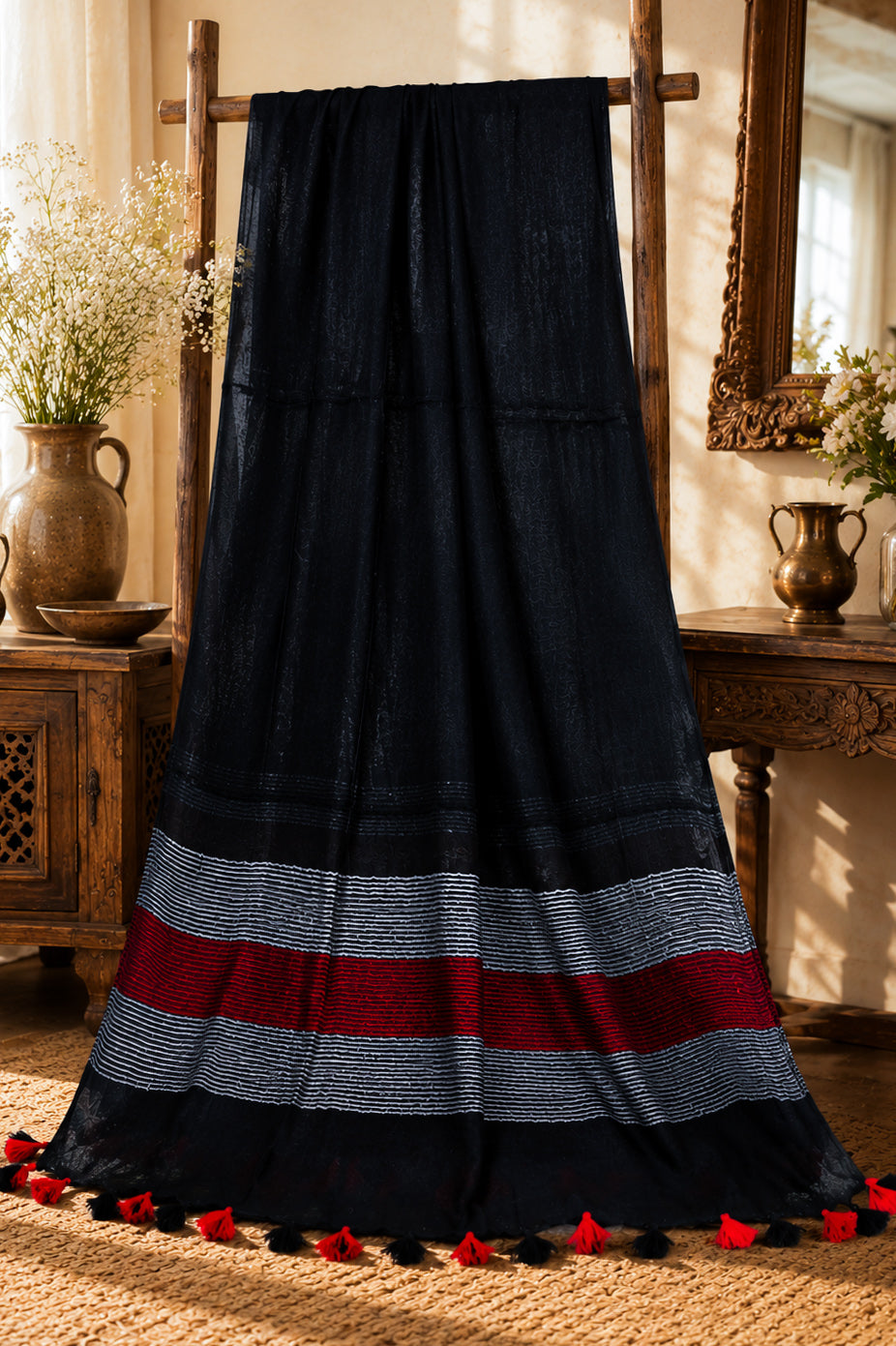 Bhagalpur Linen Cotton Dupatta With Stripe Pattern-Black