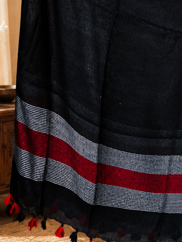 Bhagalpur Linen Cotton Dupatta With Stripe Pattern-Black