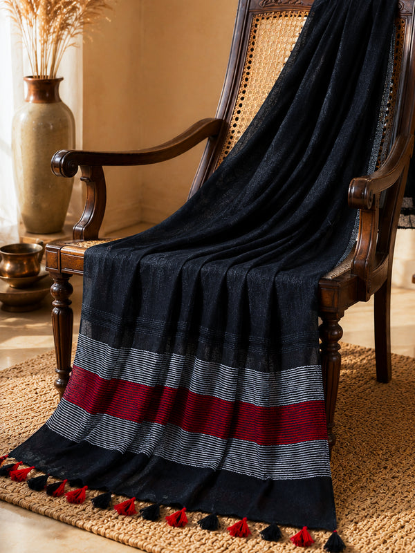 Bhagalpur Linen Cotton Dupatta With Stripe Pattern-Black
