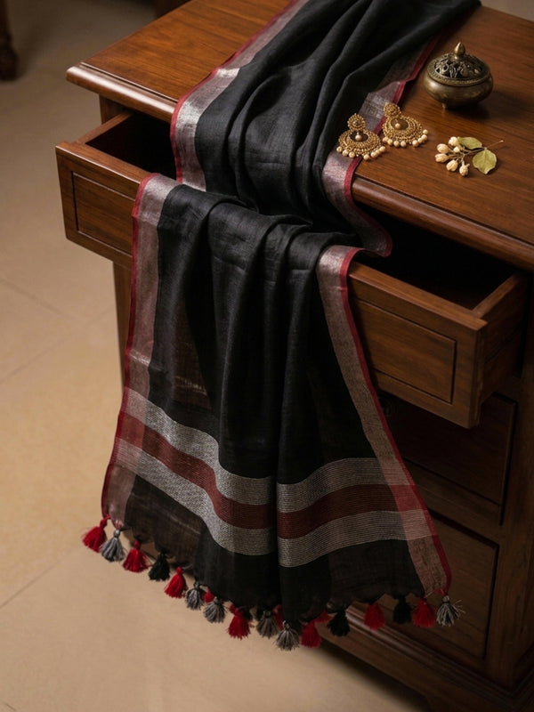 Bhagalpur Linen Cotton Dupatta With Stripe Pattern & Contrast Border-Black