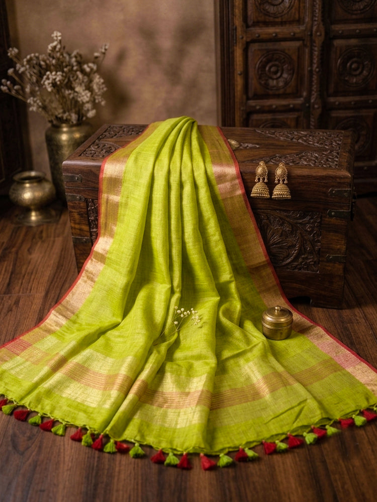 Bhagalpur Linen Cotton Dupatta With Stripe Pattern & Contrast Border-Lime Green