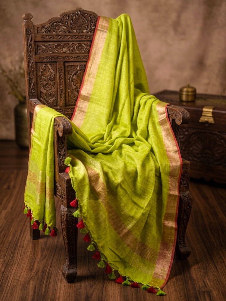 Bhagalpur Linen Cotton Dupatta With Stripe Pattern & Contrast Border-Lime Green