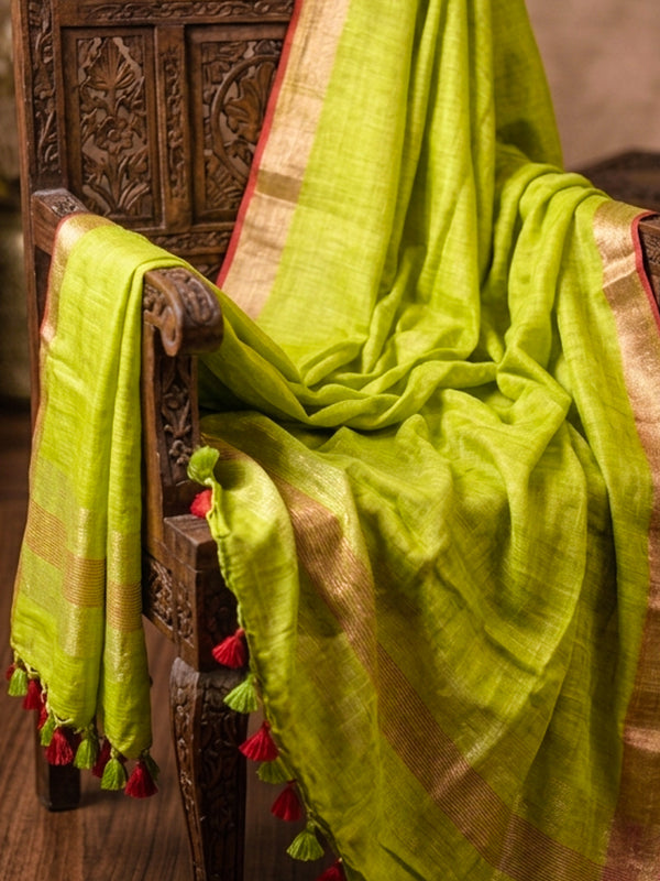 Bhagalpur Linen Cotton Dupatta With Stripe Pattern & Contrast Border-Lime Green