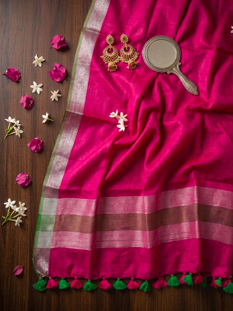 Bhagalpur Linen Cotton Dupatta With Stripe Pattern & Contrast Border-Pink