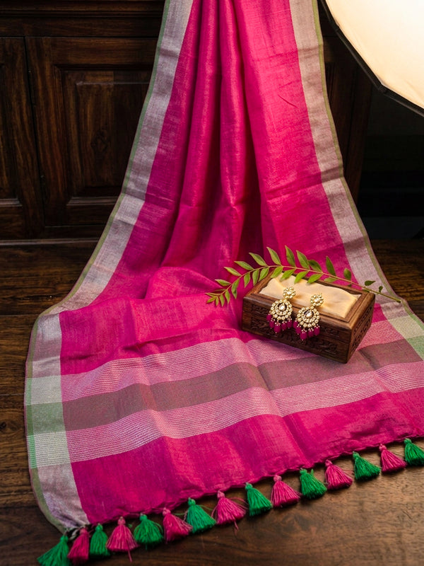 Bhagalpur Linen Cotton Dupatta With Stripe Pattern & Contrast Border-Pink