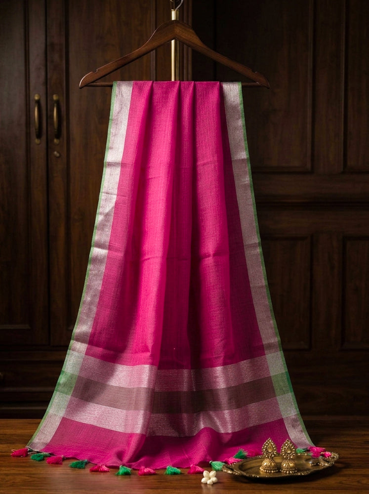 Bhagalpur Linen Cotton Dupatta With Stripe Pattern & Contrast Border-Pink