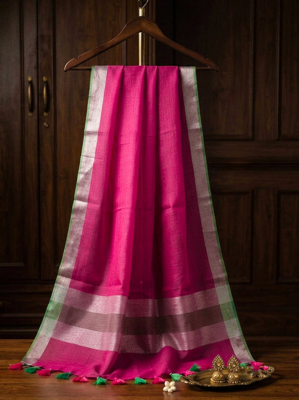 Bhagalpur Linen Cotton Dupatta With Stripe Pattern & Contrast Border-Pink