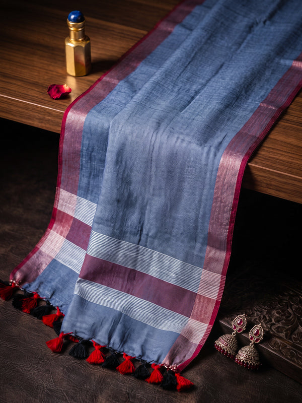 Bhagalpur Linen Cotton Dupatta With Stripe Pattern & Contrast Border-Light Blue