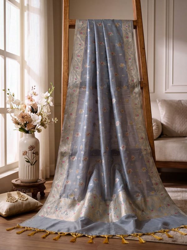 Banarasee Katan Silk Dupatta With Zari Woven Design-Grey