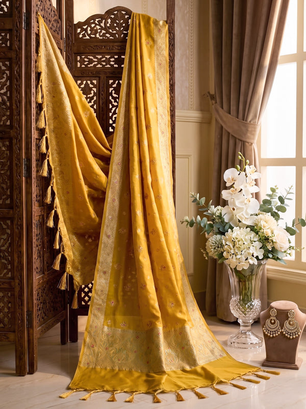 Banarasee Katan Silk Dupatta With Zari Woven Design-Mustard Yellow