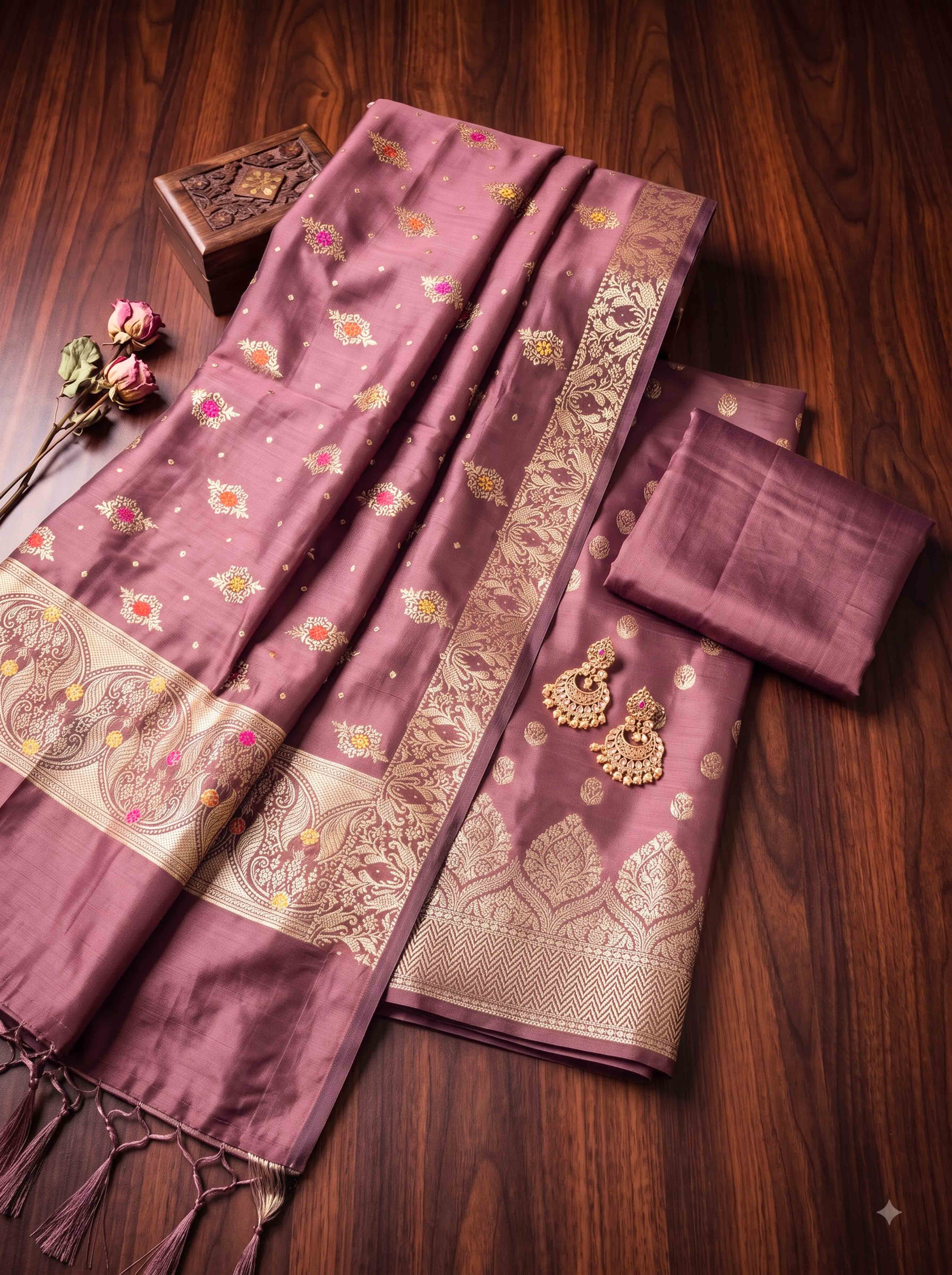 Banarasee Semi Katan Zari Work Salwar Kameez Fabric With Dupatta Set-Mauve