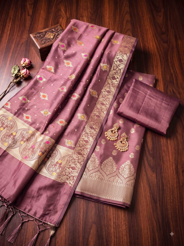 Banarasee Semi Katan Zari Work Salwar Kameez Fabric With Dupatta Set-Mauve