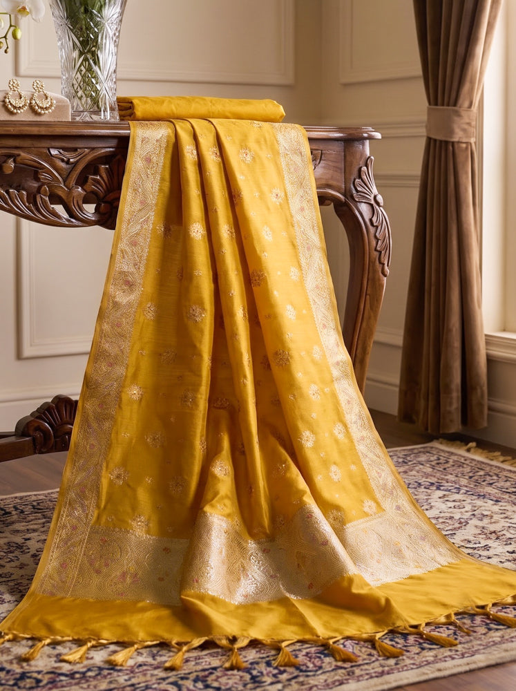 Banarasee Katan Silk Dupatta With Zari Woven Design-Mustard Yellow