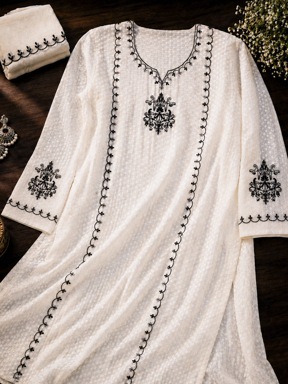 Banarasee Semi-Stitched Mul Cotton Salwar Kameez Set With Dupatta-Off White & Black