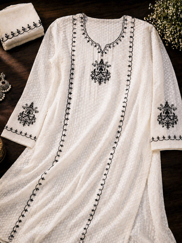 Banarasee Semi-Stitched Mul Cotton Salwar Kameez Set With Dupatta-Off White & Black