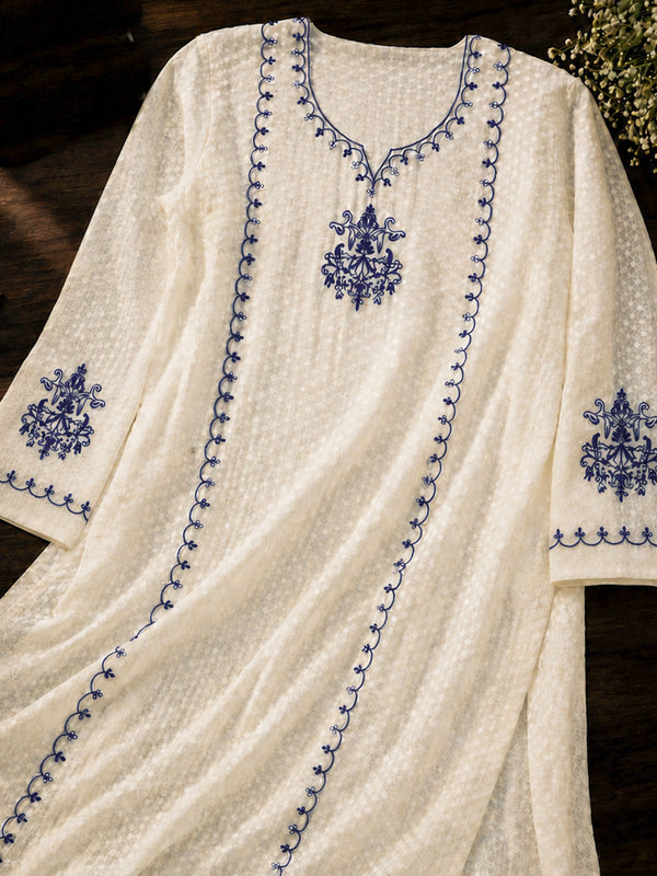 Banarasee Semi-Stitched Mul Cotton Salwar Kameez Set With Dupatta-Off White & Blue