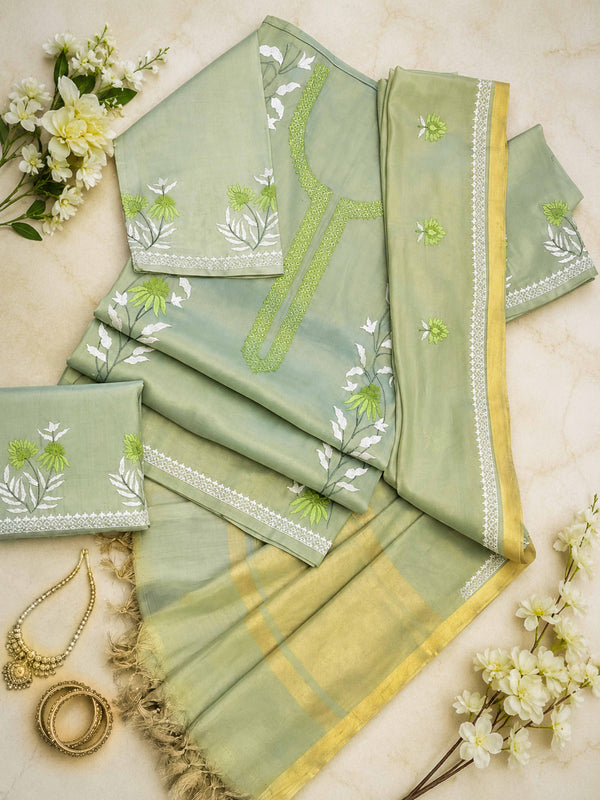 Banarasee Soft Tissue Thread Embroidered Semi-Stitched Salwar Kameez Fabric With Dupatta Set-Light Green