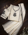 Banarasee Semi-Stitched Mul Cotton Salwar Kameez Set With Dupatta-Off White & Black