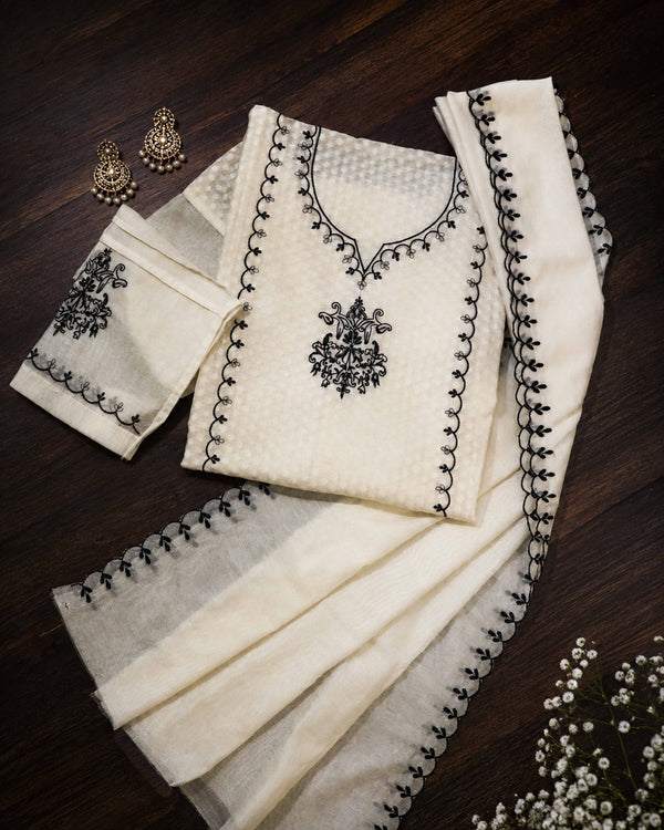 Banarasee Semi-Stitched Mul Cotton Salwar Kameez Set With Dupatta-Off White & Black