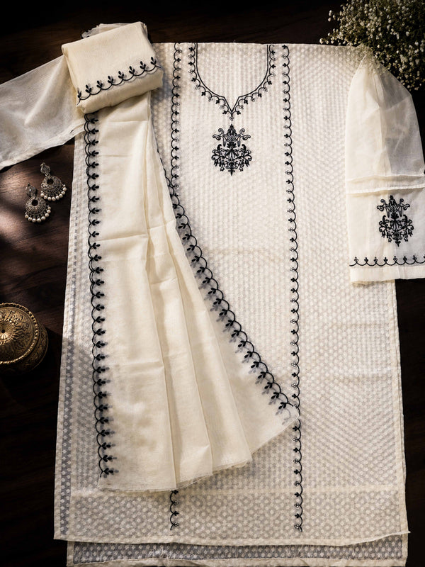 Banarasee Semi-Stitched Mul Cotton Salwar Kameez Set With Dupatta-Off White & Black