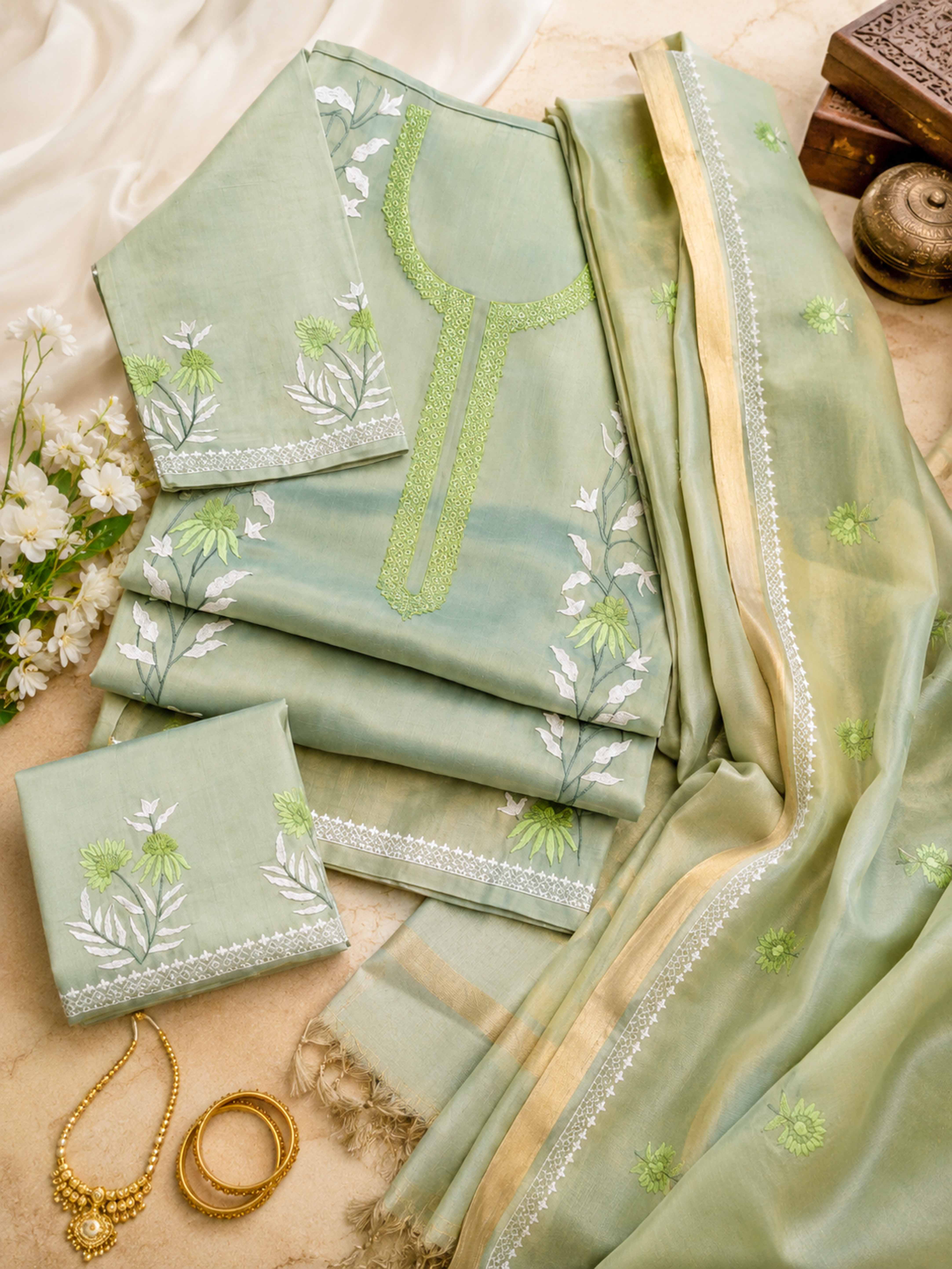 Banarasee Soft Tissue Thread Embroidered Semi-Stitched Salwar Kameez Fabric With Dupatta Set-Light Green