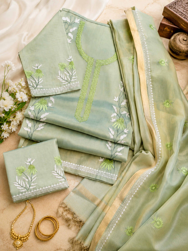 Banarasee Soft Tissue Thread Embroidered Semi-Stitched Salwar Kameez Fabric With Dupatta Set-Light Green