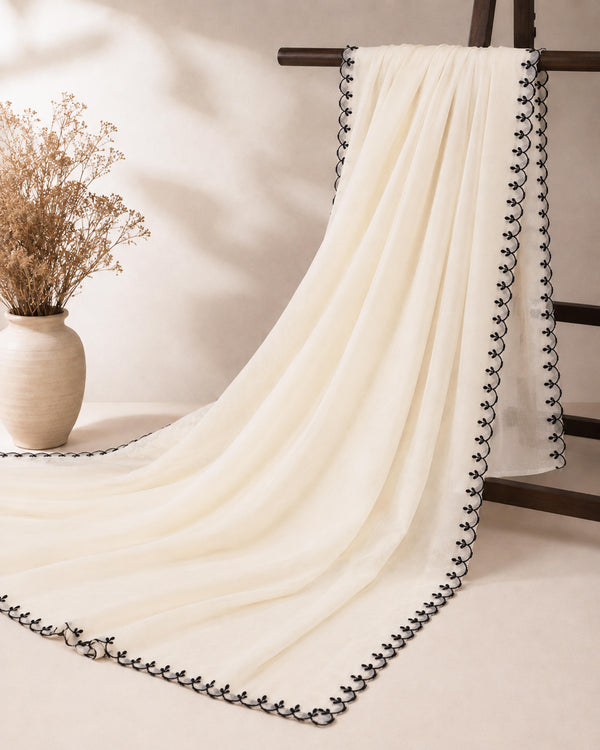 Banarasee Semi-Stitched Mul Cotton Salwar Kameez Set With Dupatta-Off White & Black