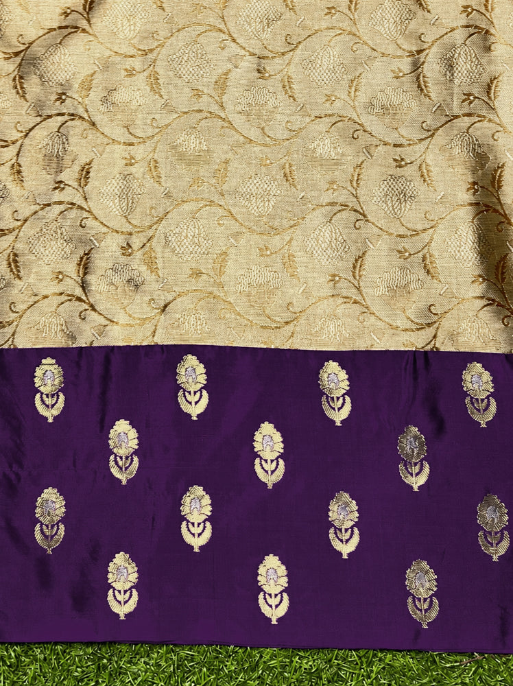 Banarasee Handloom Soft Silk Saree With Zari Weaving & Contrast Border-Gold & Purple