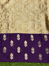 Banarasee Handloom Soft Silk Saree With Zari Weaving & Contrast Border-Gold & Purple