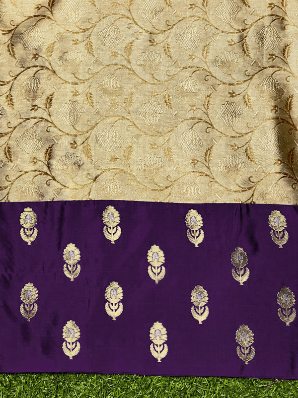 Banarasee Handloom Soft Silk Saree With Zari Weaving & Contrast Border-Gold & Purple