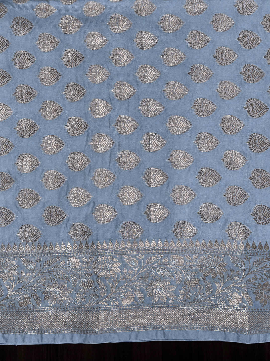Banarasee Handloom Semi Silk Saree With Sona Rupa Zari Buta Design Floral Border & Lace-Light Blue