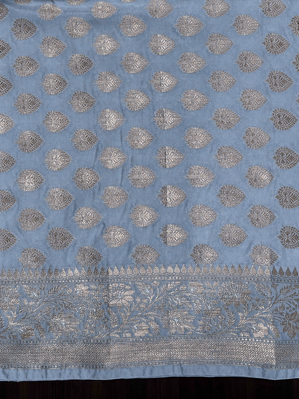 Banarasee Handloom Semi Silk Saree With Sona Rupa Zari Buta Design Floral Border & Lace-Light Blue