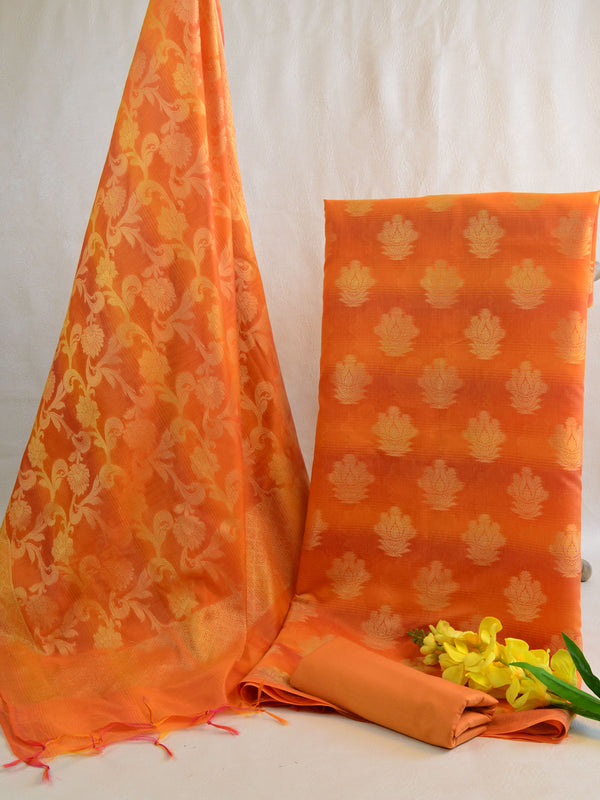 Banarasee Chanderi Cotton Stripes Salwar Kameez Fabric With Dupatta-Orange