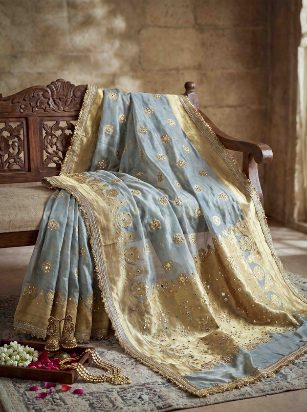 Banarasee Tissue Zari Saree With Handwork Pearl Motifs & Mirror Work-Grey (Blue Tone)