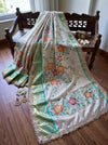 Banarasee Tissue Hand Embroidered Mirror Work Saree With Digital Prints & Lace-Cream & Green