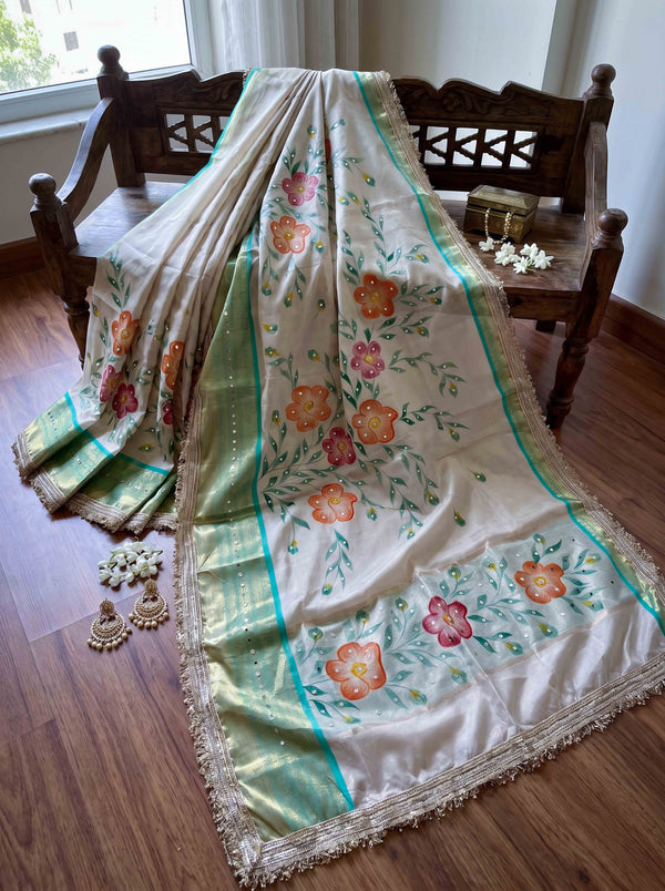 Banarasee Tissue Hand Embroidered Mirror Work Saree With Digital Prints & Lace-Cream & Green
