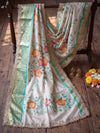 Banarasee Tissue Hand Embroidered Mirror Work Saree With Digital Prints & Lace-Cream & Green