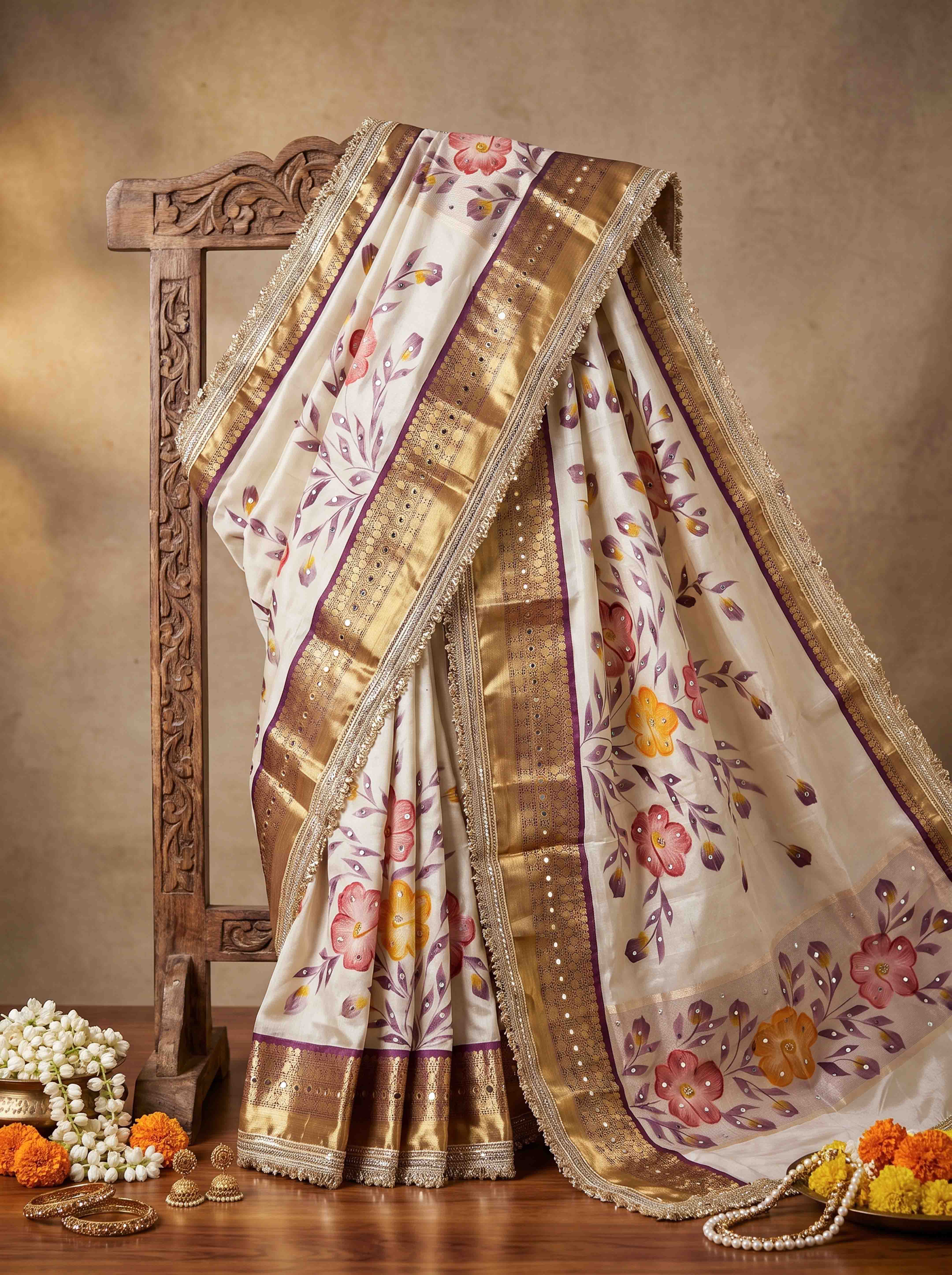 Banarasee Tissue Hand Embroidered Mirror Work Saree With Digital Prints & Lace-Cream & Purple