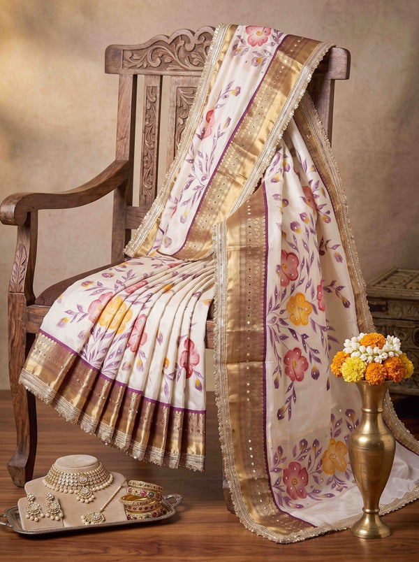 Banarasee Tissue Hand Embroidered Mirror Work Saree With Digital Prints & Lace-Cream & Purple
