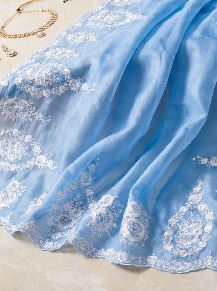 Banarasee Pure Organza Silk Saree With Floral Resham Embroidery-Light Blue