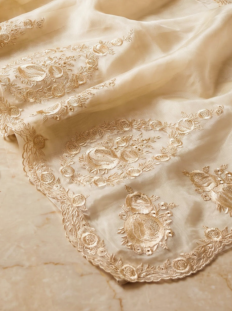 Banarasee Pure Organza Silk Saree With Floral Resham Embroidery-Cream