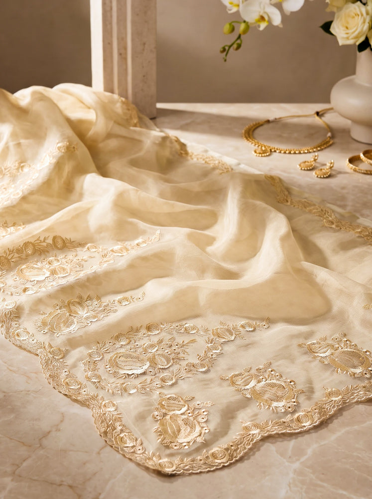 Banarasee Pure Organza Silk Saree With Floral Resham Embroidery-Cream