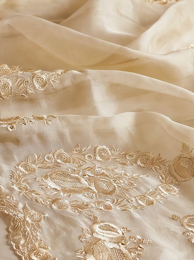 Banarasee Pure Organza Silk Saree With Floral Resham Embroidery-Cream