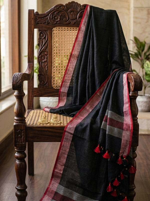 Bhagalpur Linen Cotton Dupatta With Stripe Pattern & Contrast Border-Black