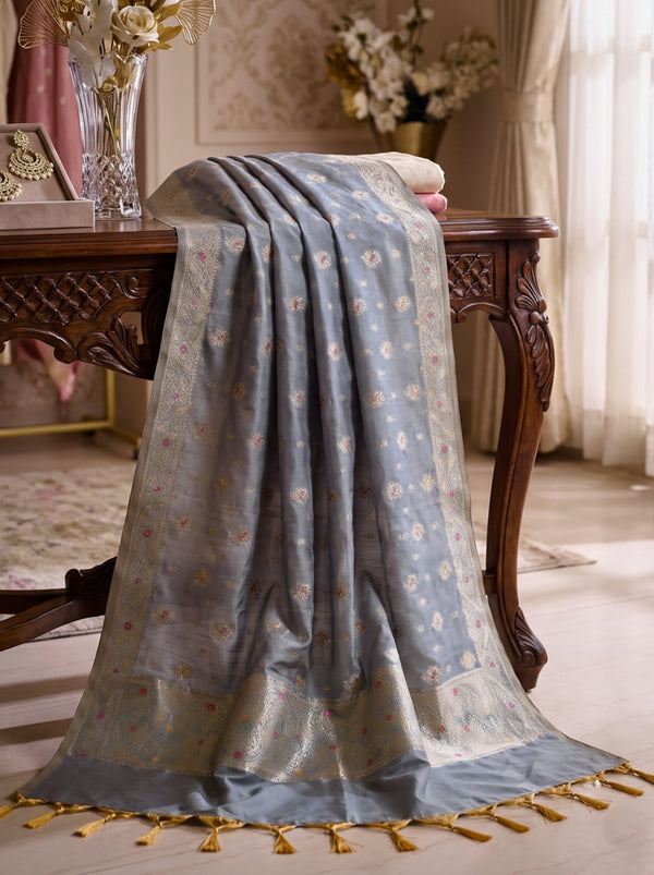 Banarasee Katan Silk Dupatta With Zari Woven Design-Grey