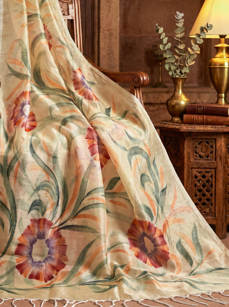 Banarasee Handloom Hand Painted Tissue Dupatta-Gold