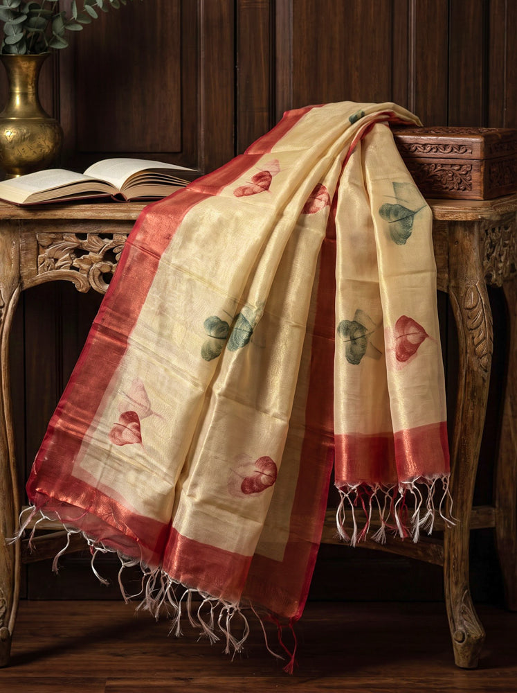 Banarasee Handloom Hand Painted Tissue Dupatta-Gold