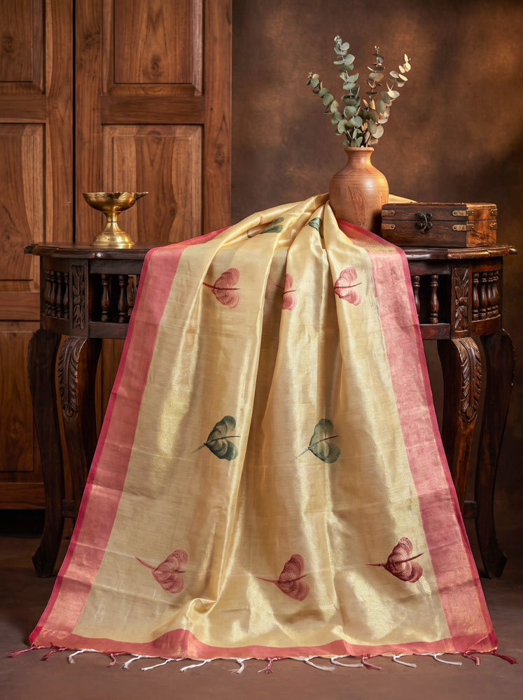 Banarasee Handloom Hand Painted Tissue Dupatta-Gold