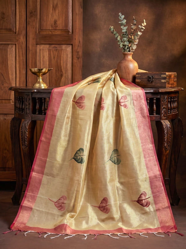 Banarasee Handloom Hand Painted Tissue Dupatta-Gold