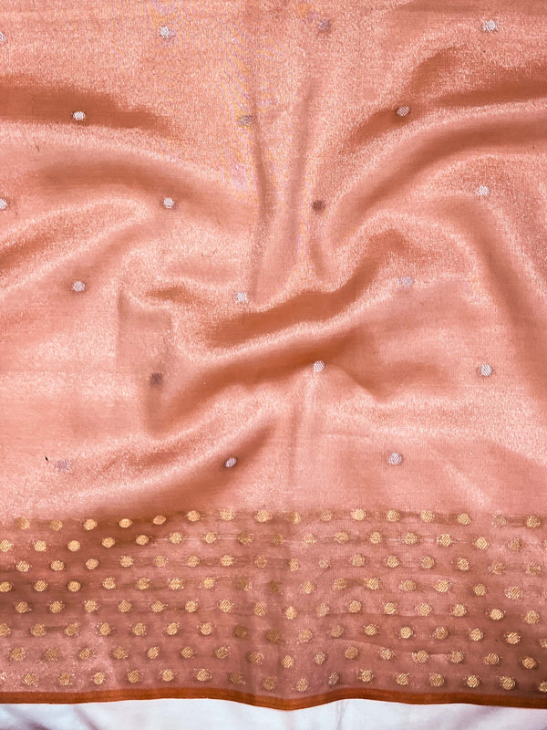Banarasee Handwoven Tissue Saree With Zari Buti Design Border & Lace-Peach